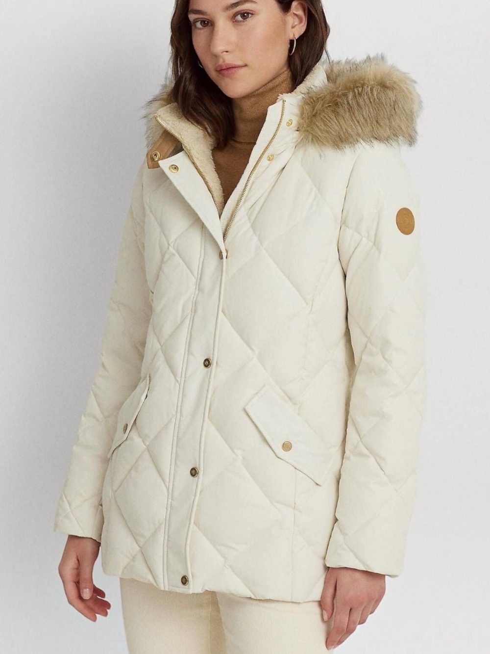 Lauren Ralph Lauren Cream Quilted Down Coat w Faux-Fur Hood Trim Women’s Size M
